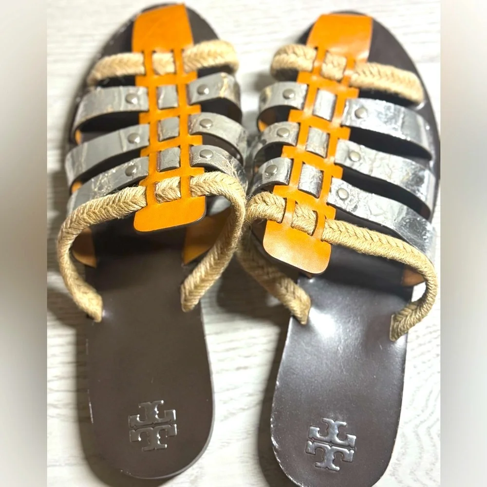 Tory Burch Fisherman Mule Sandals Silver & Tan Leather Slip-On Shoes Size 10M
